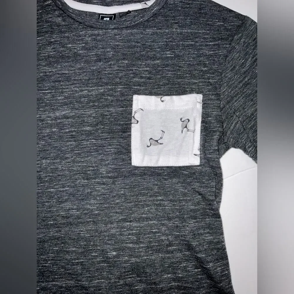 Boys ocean current shirt, size small, black, white and heather, gray flamingo